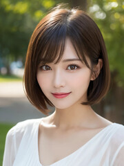Fototapeta premium Japanese woman smiling kindly in the park. Generative AI
