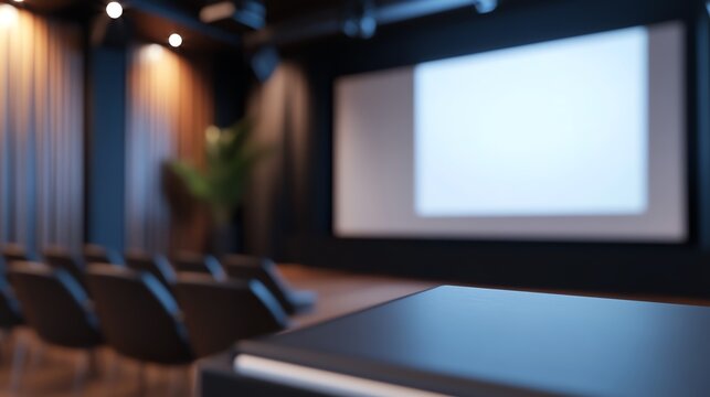 Empty conference room with rows of chairs facing a blank projector screen, ideal for presentations, lectures, or seminars in a business setting.