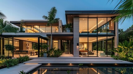 Fototapeta premium Modern Architectural Residence with Illuminated Pool and Tropical Landscaping
