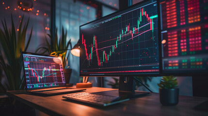 Trading setup with multiple monitors displaying real-time stock market charts and data