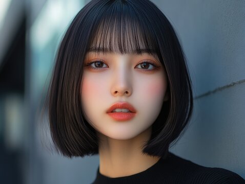 Asian woman with straight, blunt pageboy haircut and soft bangs, exuding classic elegance with retro-inspired vibe, ideal for beauty and hairstyle themes
