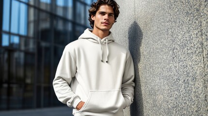 Fototapeta premium Stylish Young Man in Casual Hoodie Against Urban Background