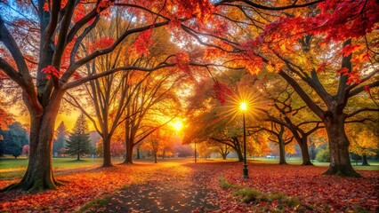 Obraz premium Autumnal Pathway Bathed in Golden Sunlight, Trees with Vibrant Leaves Casting Long Shadows on the Ground, A Single Street Lamp Illuminates the Path Ahead