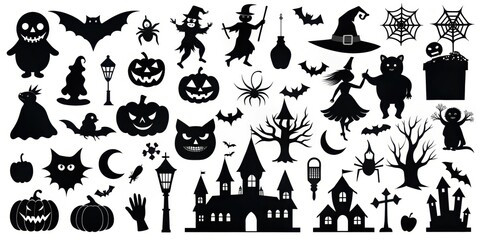 A Collection of Black Halloween Silhouettes Ghouls, Goblins, Witches, Pumpkins, Bats, Spiders, Castles, and More