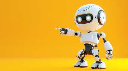 Fototapeta premium Futuristic cute robot pointing towards copy space on yellow background,3d rendering,
