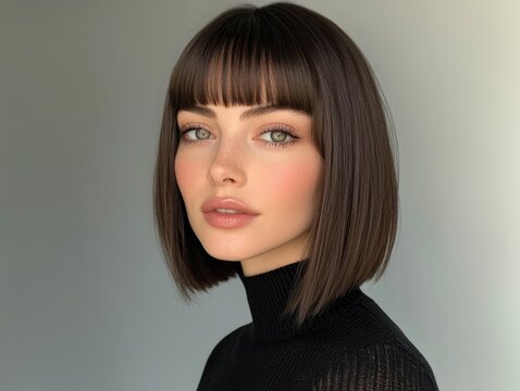Sleek Pageboy Bob with Blunt Bangs, Woman in Black Turtleneck, Classic Chin-Length Hairstyle, Neutral Background, Modern and Retro Sophistication
