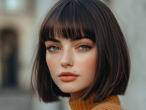 Chic Pageboy Haircut with Blunt Bangs on Young Woman, Dark Bob Styled Inward, Black Turtleneck, Plain Background, Retro-Inspired and Modern Elegance
