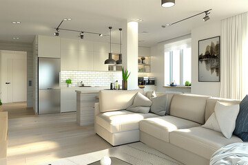 Fototapeta premium Scandinavian-inspired open-plan living room with soft beige furniture, clean lines, and minimal décor, leading effortlessly into a compact kitchen area.