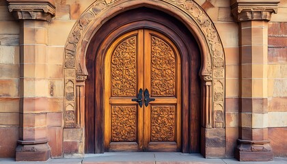 Fototapeta premium Ornate wooden door with intricate carvings set in a stone archway.