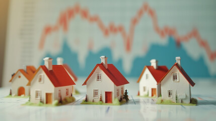Fototapeta premium Miniature model houses placed on a stock chart representing real estate market trends