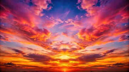 Obraz premium Symmetrical vivid summer sky at sunset dusk twilight clouds with bright colorful pink orange shades background