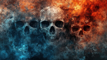 Mysterious abstract shapes resembling skulls in vibrant colors evoke intrigue