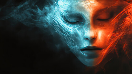 Vibrant abstract colors merging into ghostly face, creating surreal effect