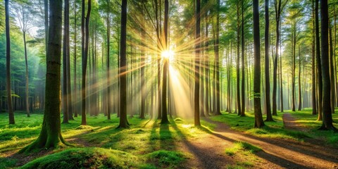 Obraz premium Sunlight Illuminates a Serene Forest Path, Casting Golden Rays Through the Lush Canopies and Bathing the Mossy Ground in Warm Light