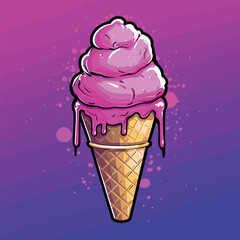 a pink ice cream has a thin top that has purple icing in it
