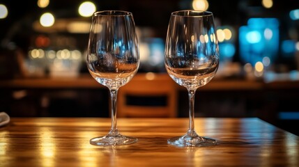 Empty Wine Glasses on Wooden Table in Restaurant Setting