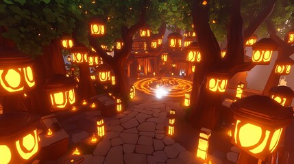 Mystical Forest Pathway with Glowing Lanterns.