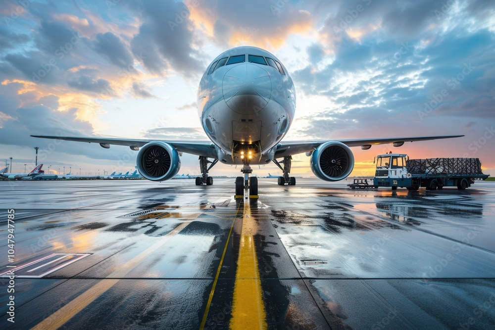 Aufkleber a cargo airplane stands on the runway as loading equipment moves around at sunset, preparing for its