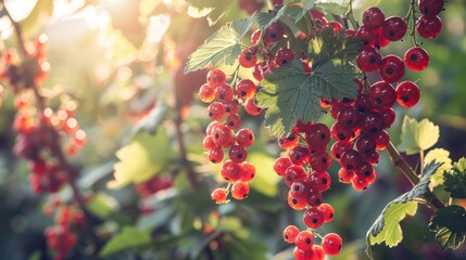 Red Currants on a Branch with Sunlight and Green Leaves
