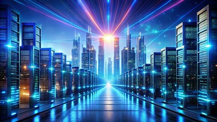 A Futuristic Skyline of Data Centers with Illuminated Pathways and Neon Lights, Creating a Vibrant Digital Cityscape