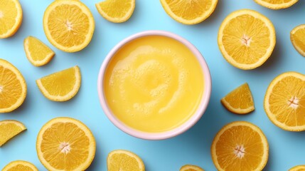 Fototapeta premium Fresh Orange Juice with Sliced Oranges on Blue Background