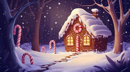 Naklejka premium A gingerbread house in a snowy forest with candy cane decorations. Crystalized Forest. Illustration