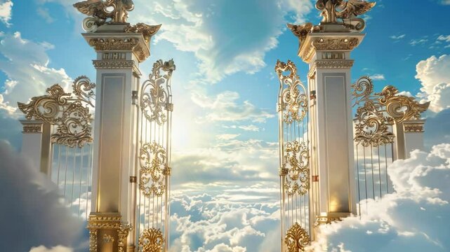 Golden heaven gate in the blue sky and clouds