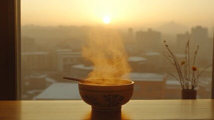 Steaming Bowl of Soup at Sunrise with City View