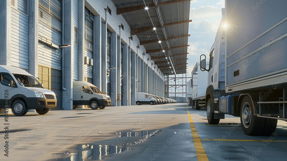 Poster a fleet of trucks and vans is lined up in a warehouse, awaiting loading for timely delivery of goods