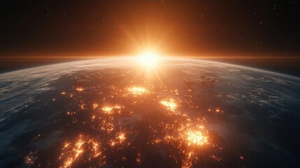 A breathtaking view of Earth from space, showcasing a sunrise and glowing landmasses.
