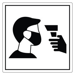 Person Wearing Mask with Temperature Check Sign