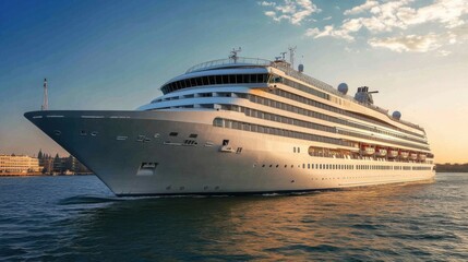A luxury cruise ship sailing on calm waters during sunset.