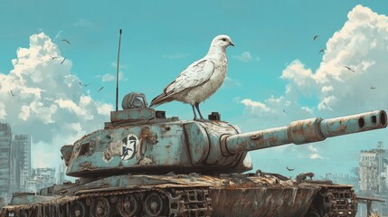 illustration of a bird on top of a toy war tank