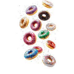 Colourful decorated donuts falling in motion isolated on white background with sprinkling. Sweet,...