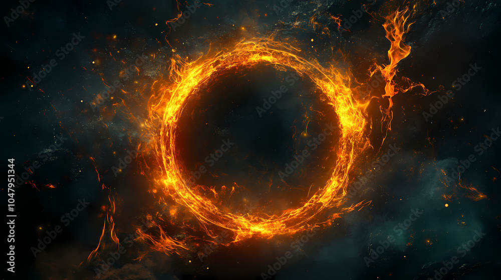 Wall mural a mystical circle illuminated by fiery orange flames, set against a dark, enchanted background, evok