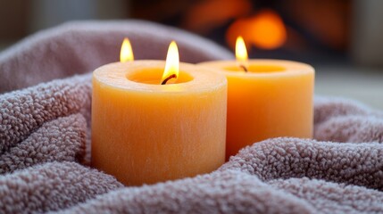 Burning Candles On Soft Blanket For Relaxation And Comfort