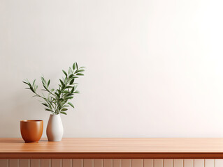 Minimal Scandinavian Interior: Empty Desk Table with Vase and Plant in Living Room