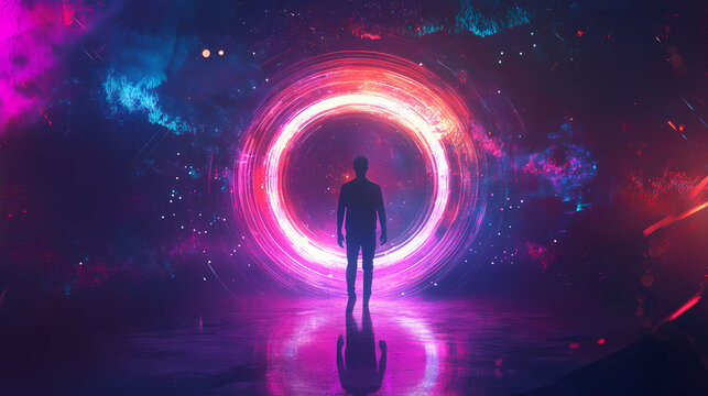 A person passes through a glowing circle of a teleporter or time-travel portal, dark background, futuristic concept. Portal Through Time. Illustration