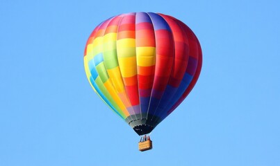 Obraz premium A colorful hot air balloon soaring in a clear blue sky, symbolizing adventure and leisure.