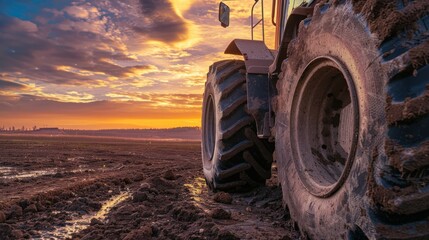 Big wheels of dirt class tractor car moving on side of road construction during sunset sky,