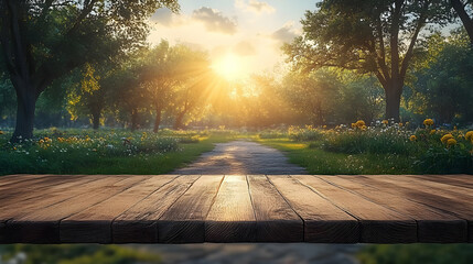 Wooden Tabletop with a Summer Sunset in the Forest - Realistic Background