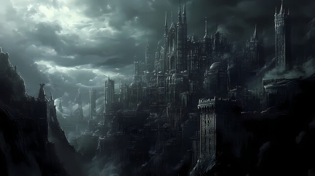 A stunning depiction of a dystopian steampunk cityscape with intricate architectural details and atmospheric mood under dark, cloudy skies. Steampunk Cityscape. Illustration