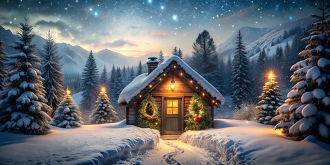 Fototapeta premium A Festive Cabin Nestled in a Snow-Covered Forest, Illuminated by the Glow of Twinkling Lights and the Majesty of a Starry Night Sky