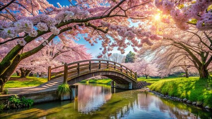 Obraz premium A wooden bridge gracefully arches over a serene stream, its path framed by a captivating canopy of delicate pink blossoms, creating a breathtaking display of nature's artistry.