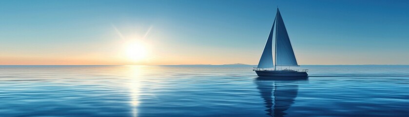 Obraz premium A serene sailboat gliding over calm waters at sunrise, with a vibrant sky reflecting warm light on the water's surface.