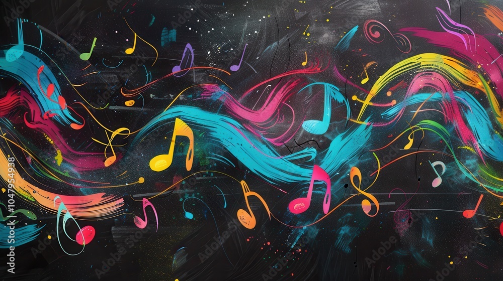 Poster a vibrant chalkboard showcases intertwining brushstrokes and musical notes, reflecting creativity du