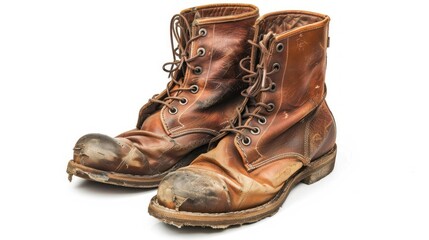 A Pair of Worn Brown Leather Work Boots