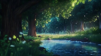 Serene Forest River Scene with Sunlight Gleaming