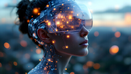 Futuristic Woman with Digital Augmented Reality Headset