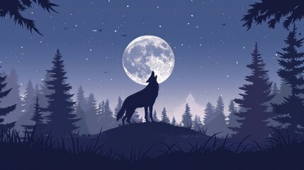 A Silhouetted Wolf Howling at the Full Moon in a Night Sky Above a Forest